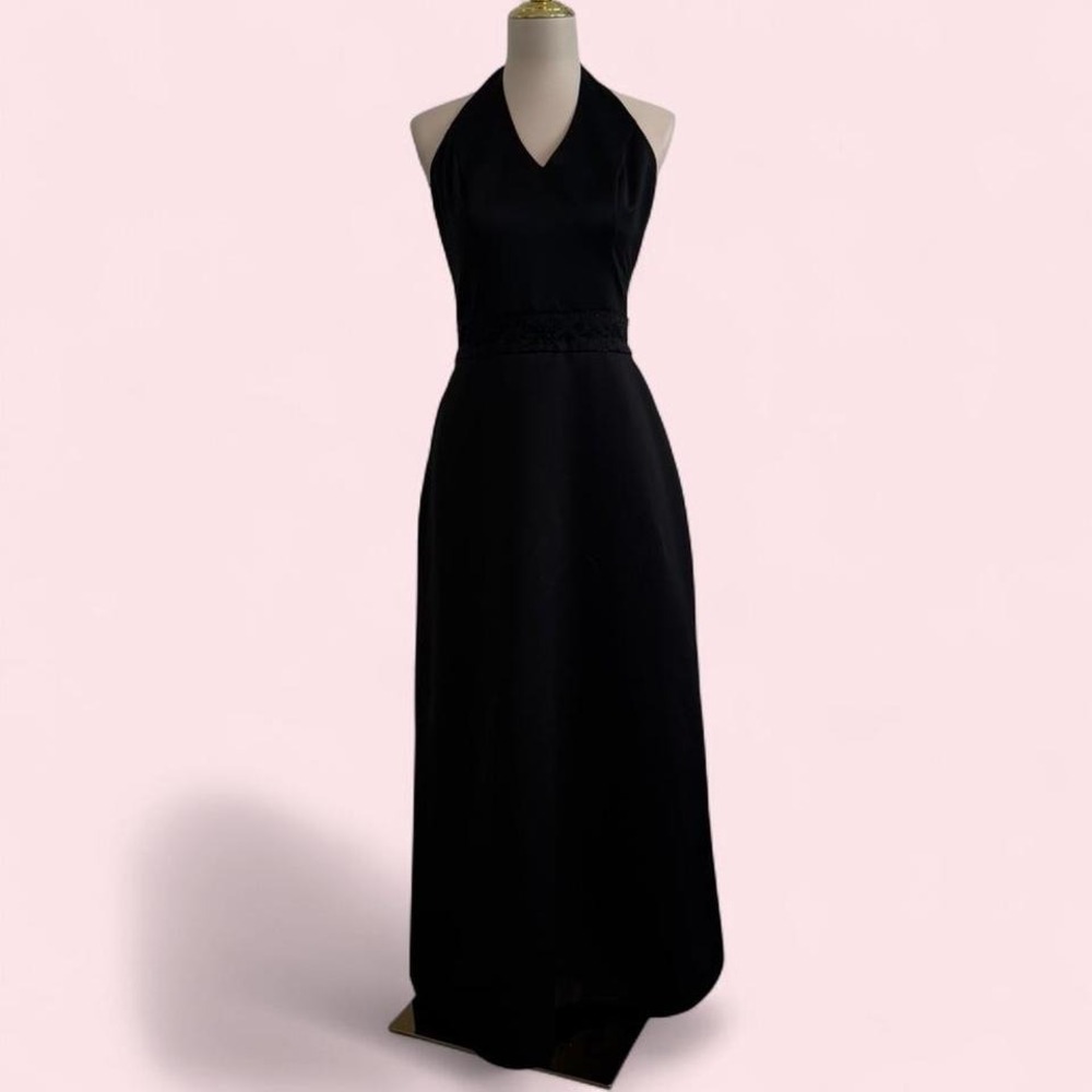 Vintage By Venus Black Satin‎ Halter Gown w/ Beaded Waist — Size 8